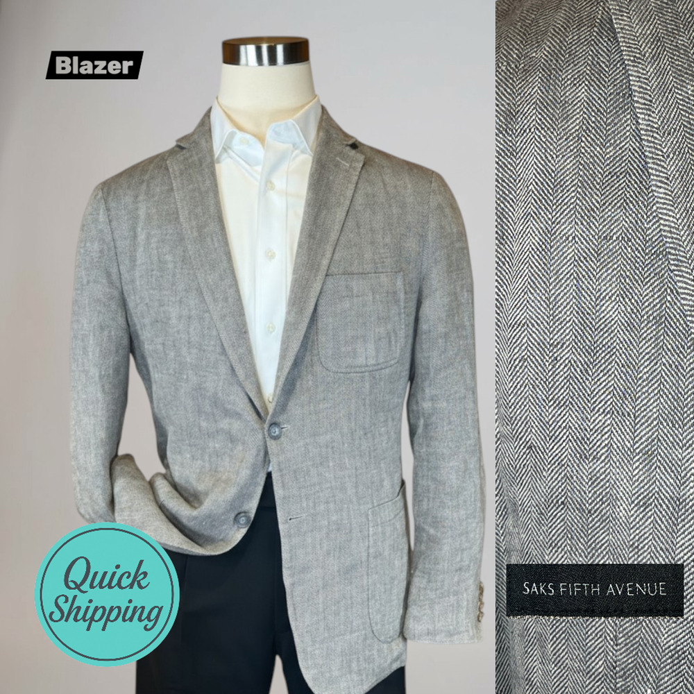 Saks Linen Weekender 40S Tailored Fit Gray Herringbone Unlined Blazer Sport Coat